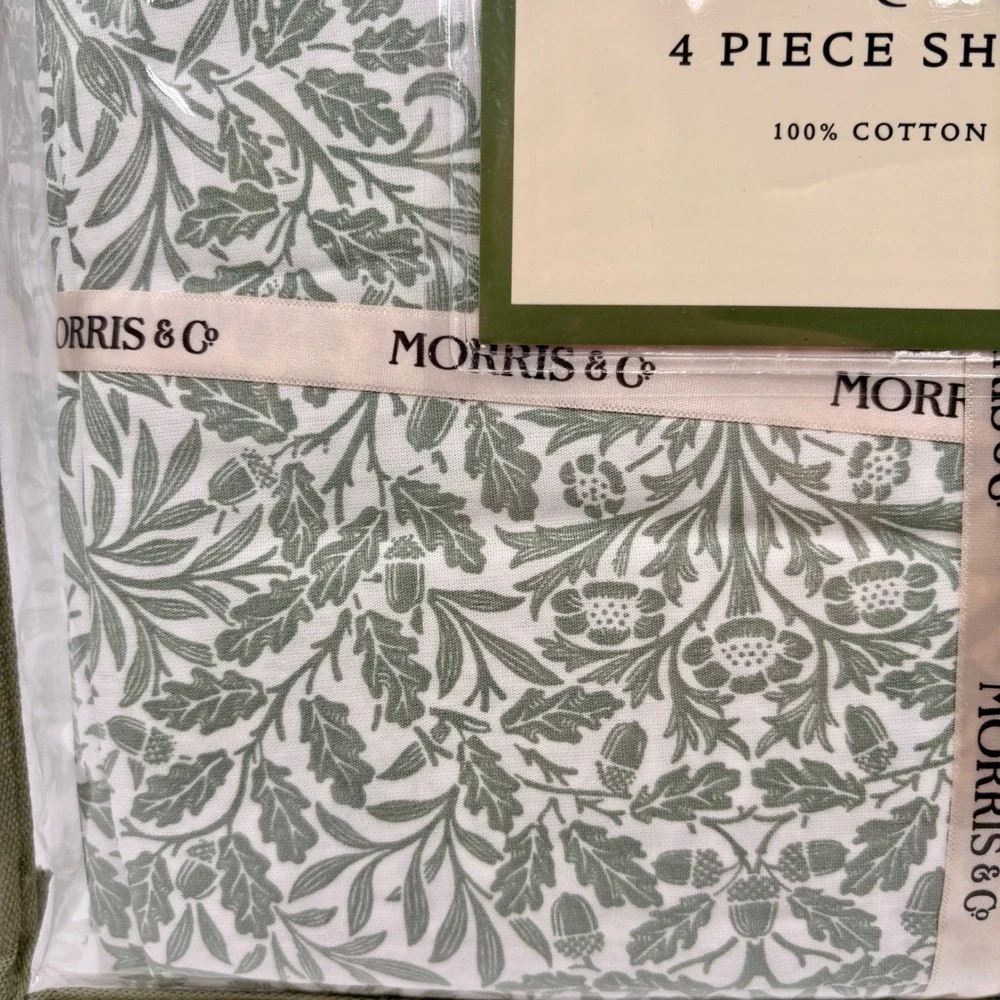 Morris & Co Queen 4 Piece Sheet Set 100% Cotton Percale Sage Green Floral Oak